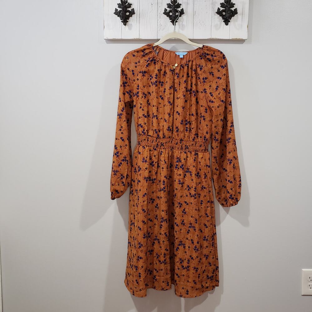 Draper James Floral Midi Dress Womens M Rust Orange Smocked Waist EUC